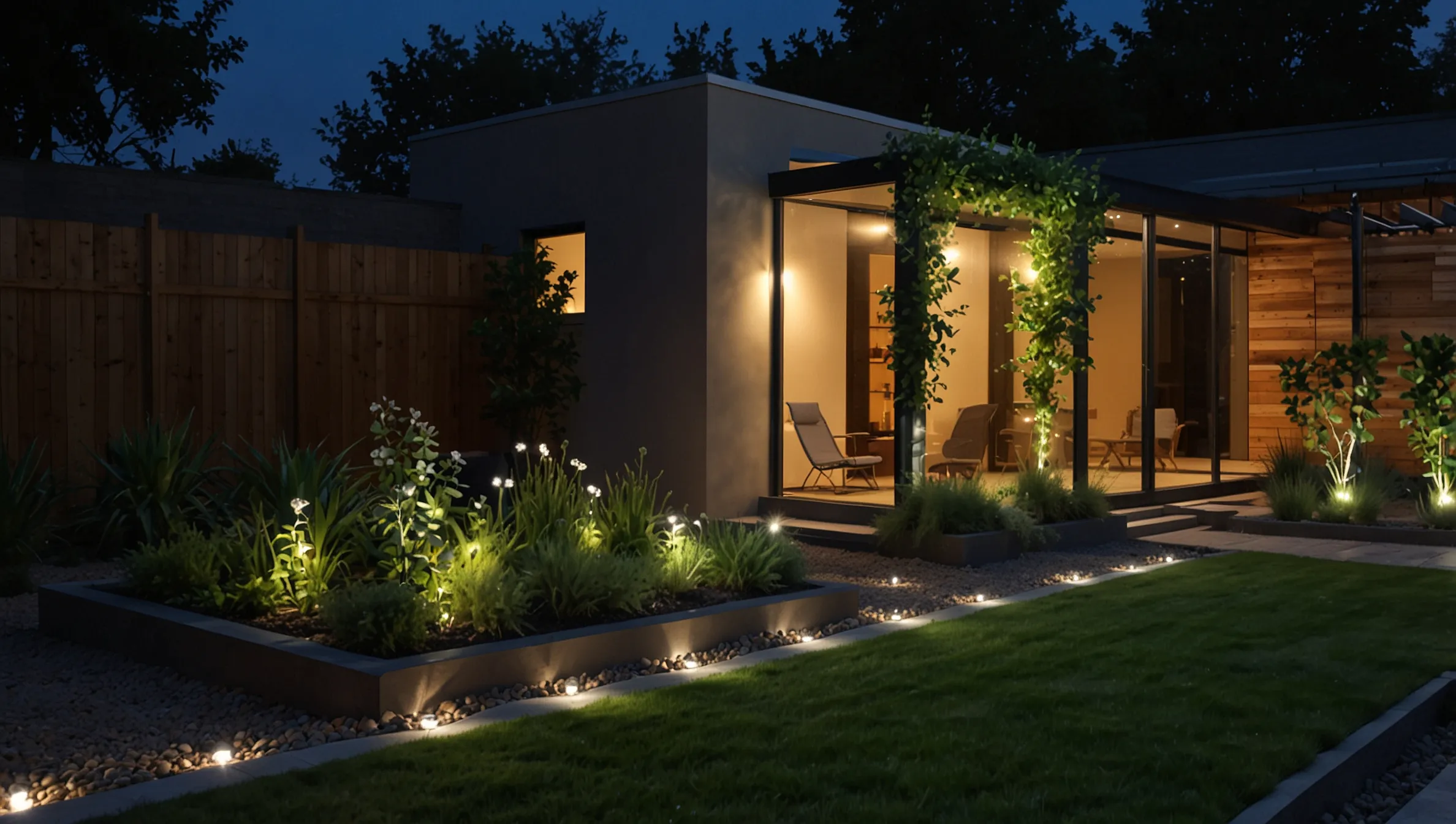 Modern garden with smart lighting and automated watering system