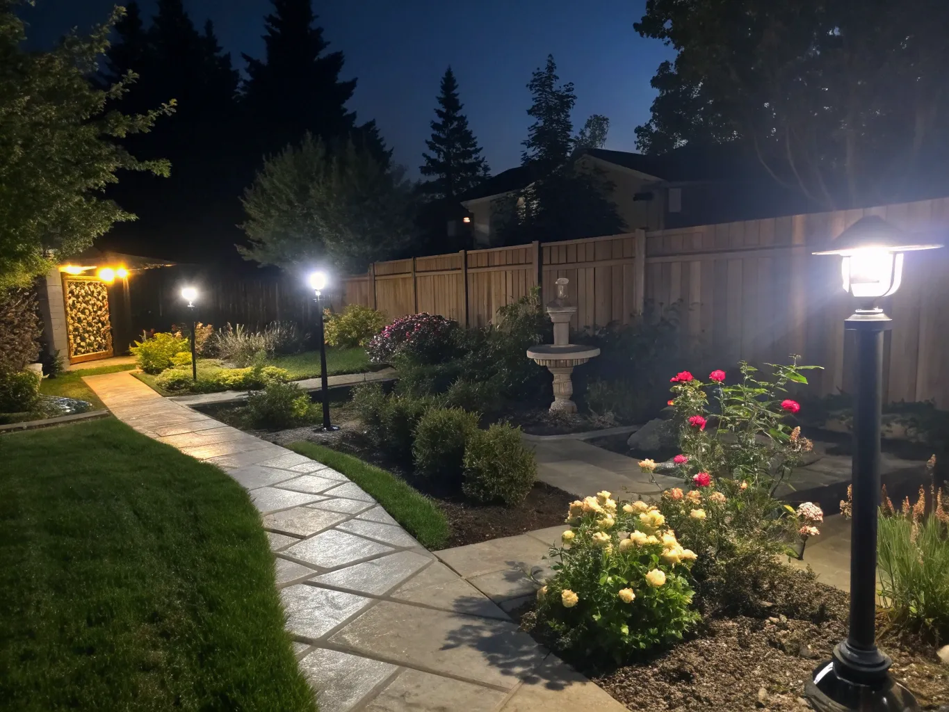 LED flood lights providing area illumination in garden